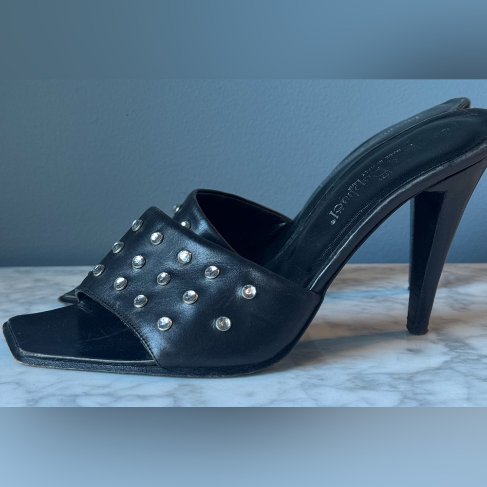 JACQUES RAPHAEL-ITALY-Black Leather Jeweled Slide Sandals 6